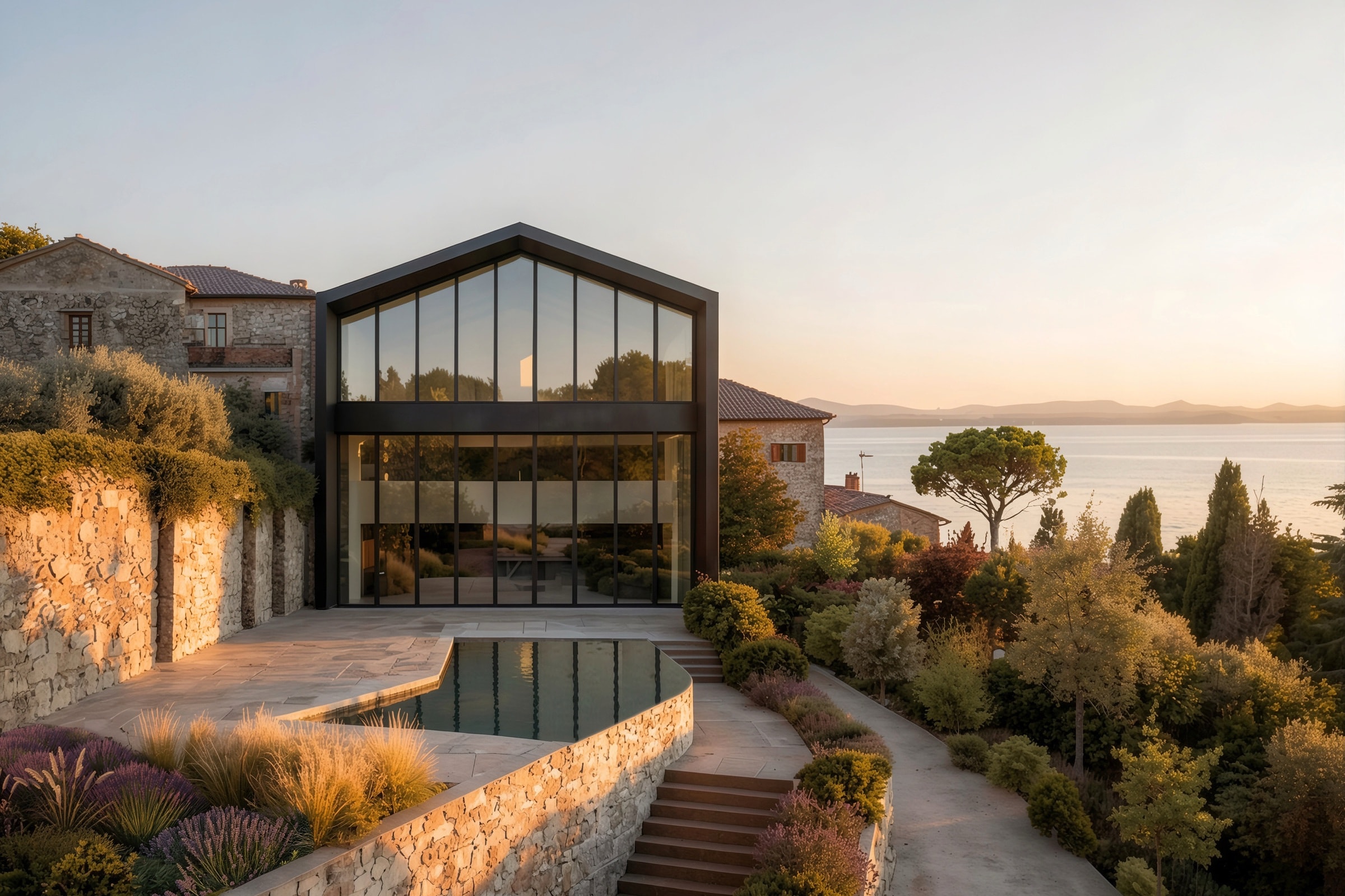 Monte del Lago — facciata vetrata e terrazza sul lago